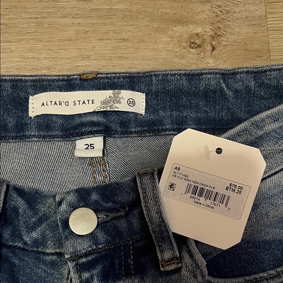 Altar'd State Mid Blue Flared Raw Hem Jeans - Picture 2 of 3